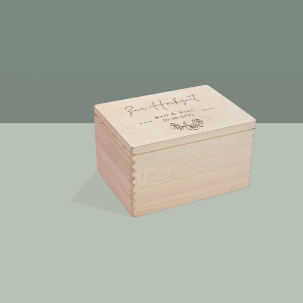 Erinnerungsbox aus Holz personalisiert "Hochzeit Blumen" L (40x30x23 cm) ohne Griff