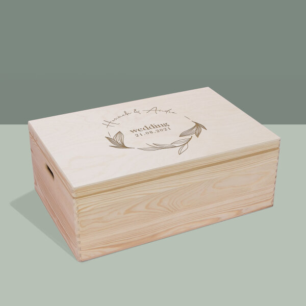 Erinnerungsbox aus Holz personalisiert "Hochzeit Blätterkranz" XL (60x40x23 cm) mit Griff