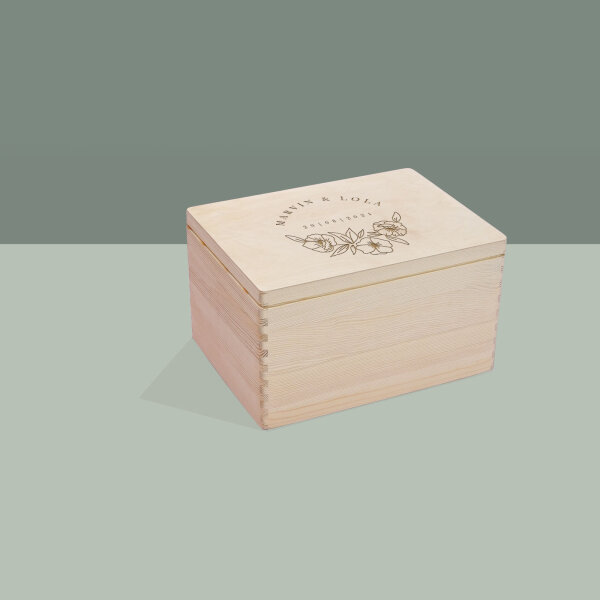 Erinnerungsbox aus Holz personalisiert "Hochzeit Blumenkranz" L (40x30x23 cm) ohne Griff