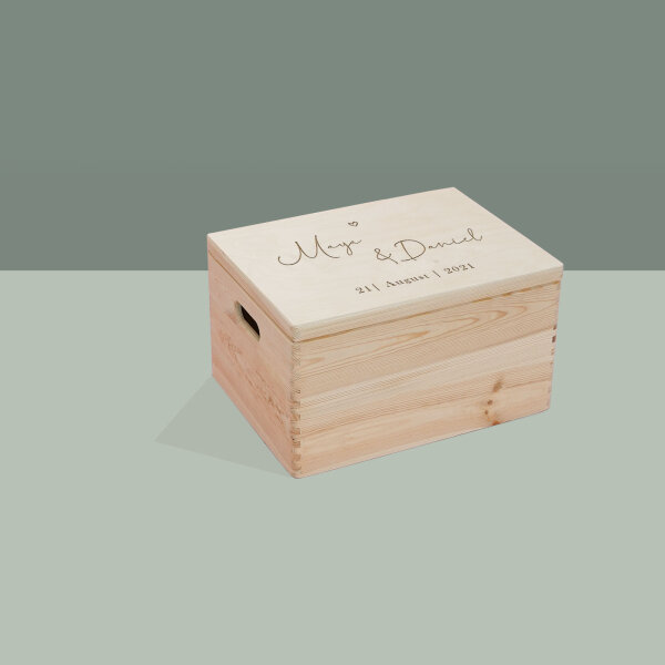 Erinnerungsbox aus Holz personalisiert "Hochzeit Herz-Kontur" L (40x30x23 cm) mit Griff