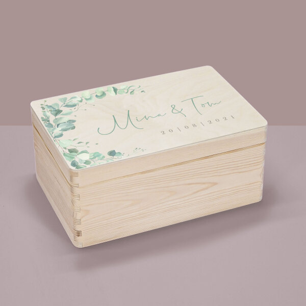 Erinnerungsbox aus Holz "Eukalyptus" personalisiert Aquarell L: 40x30x23cm