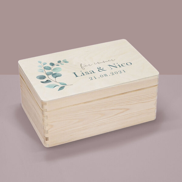 Memory box wooden "Eucalyptus - forever" personalized watercolor S: 30x20x14cm